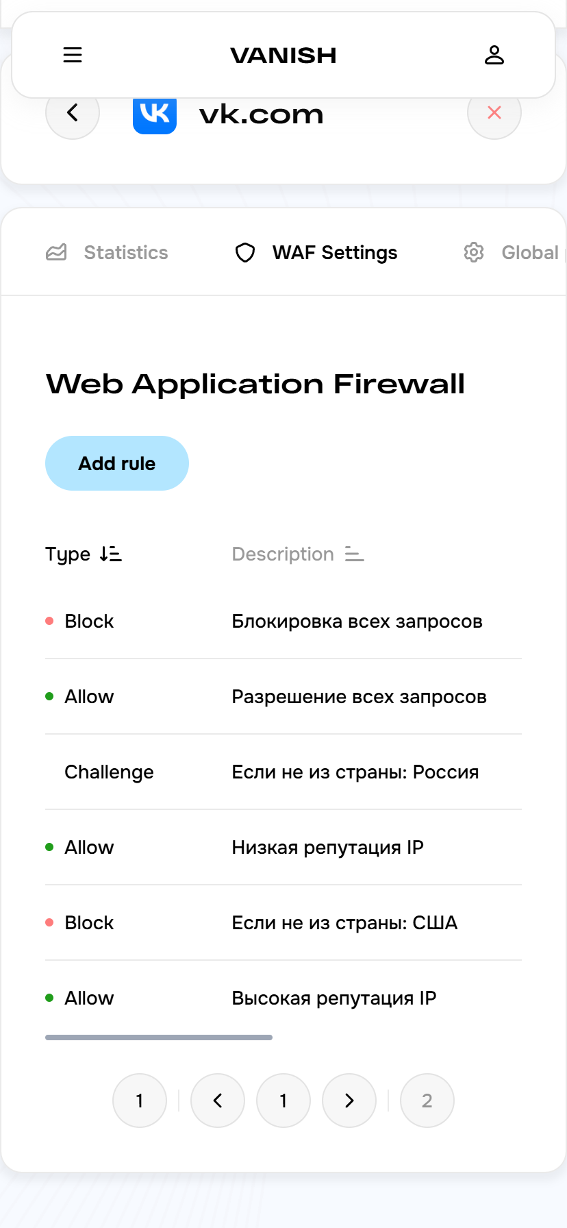 WAF настройки